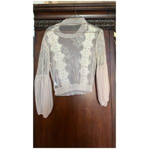 Peach Sheer Lace Top with balloon sleeves